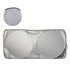 A silver summer car sun shade with two circular sections, folded into a round shape for storage. It has a logo.