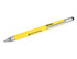 A yellow stylus pen featuring a silver tip and clip, with a logo on the side.