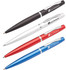 A set of four metal pens in black, white, red, and blue, featuring a branding logo on each.