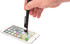 A black 6-in-1 multi pen is being used on a smartphone screen, showcasing its stylus feature.