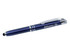 A purple stylus pen with a silver clip and branding, featuring a touch screen tip at one end.