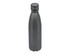 A drink bottle in a sleek grey finish, featuring a stainless steel body and a screw-on lid with a logo.