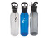 A drink bottle set featuring transparent, blue, and grey options with a black lid and straw, each having a logo.
