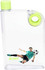 A drink bottle in clear plastic with a lime green cap, featuring an athlete kicking a soccer ball and a logo.