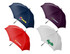 A collection of four golf umbrellas in navy, maroon, red, and white, each featuring a logo.