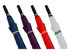 A set of four auto golf umbrellas in navy, purple, red, and white, each featuring a logo on the canopy.