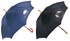 Two umbrellas are displayed, one in navy blue with a logo and the other in black with a logo, both featuring a curved handle.