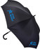 A black inverted umbrella with a J handle and a logo printed on the fabric.