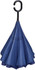 A navy blue inverted umbrella with a C-shaped handle, featuring a sleek design and a logo.