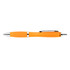 A plastic pen in bright orange color with a silver clip and tip.