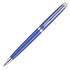 A bright blue ballpoint pen with chrome accents and a silver band, featuring a logo.