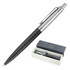 A matte black ballpoint pen with a silver clip and branding, displayed in an elegant box.