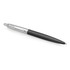 A matte black metal ballpoint pen with a silver clip and branding.