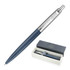 A metal ballpoint pen in matte blue, featuring a silver clip, presented in a box with branding.