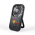 A portable black fan with a stand and branding, designed for leisure and outdoor use.