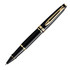 A metal rollerball pen in lacquer black with gold detailing and a branded logo.