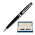 A sleek black ballpoint pen in a gift box, featuring a silver clip and accents. The box displays a logo.