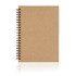 An A5 notebook made from stone paper, featuring a spiral binding and a brown kraft cover. It has a logo on the front.