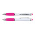 A stylus pen featuring a white body with pink accents and a shiny chrome clip and details.