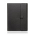 A black A5 notebook journal with a leather look and a magnetic closure. It features a logo on the front.