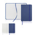 A navy A6 notebook journal with a leather-look cover, elastic closure, and ribbon bookmark, alongside a white version.