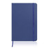 A navy blue A5 notebook journal with a leather look finish and an elastic closure. It features a simple logo.