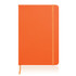 A notebook journal in a vibrant orange leather look with an elastic band closure and a ribbon placeholder.