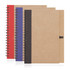 A set of three spiral-bound notebooks in red, blue, and black, featuring recycled paper covers. Each has a logo.