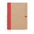 A spiral-bound notebook with recycled paper, featuring a brown cover and a red accent strip. It has a logo on the front.
