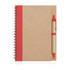 A recycled paper spiral-bound notebook in brown with a red stripe and a matching pen attached.