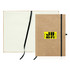 A recycled paper journal in a brown cover with a black elastic band and ribbon marker, featuring a logo on the front.