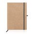 A tan-coloured eco notebook made from recycled paper, featuring a black elastic closure and bookmark ribbon.