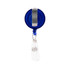 A retractable name badge holder in blue with a metal clip and a clear attachment for securing badges.