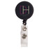 A retractable name badge holder in black with a clear strap and a circular logo attachment.
