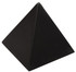 A black pyramid-shaped stress toy with a smooth surface. The product features a logo.