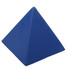 A blue pyramid-shaped stress relief toy made of soft material, featuring a smooth finish and a branding logo.