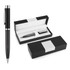 A metal ballpoint pen in black with silver accents, displayed in a sleek black box.