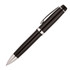 A black ballpoint pen with silver accents and a clip, featuring a sleek design and a logo on the barrel.