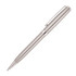 A metal ballpoint pen in a sleek silver finish, featuring a clip and a branded design.