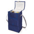A drink bottle cooler in navy blue holds two bottles, featuring a zippered top and a grey shoulder strap.