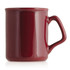 A ceramic mug in a rich burgundy colour with a sturdy handle and smooth finish, featuring a logo.