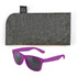 A pair of purple sunglasses with dark lenses and a gray felt case.