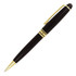A black ballpoint pen with gold accents and a clip, featuring a sleek design. Includes a logo on the barrel.