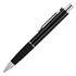 A metal ballpoint pen in black and silver, featuring a textured grip and a polished finish. It has a branding logo.