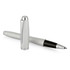 A silver rollerball pen with a sleek design, featuring a black tip and a clip. It has a branding logo.