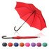 A red umbrella with a curved handle, displayed alongside various colour options. The umbrella has a compact design.