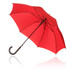 A red umbrella with a curved handle and a sturdy frame, featuring a smooth surface and a glossy finish.