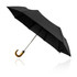 A black auto-open umbrella with a wooden curved handle and a shiny metal shaft. It has a simple design.