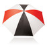 A 75cm umbrella featuring a bold design with black, white, and red sections, and a central opening mechanism.