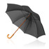 A black 75cm umbrella with a wooden handle and a metal frame, featuring a logo on the canopy.